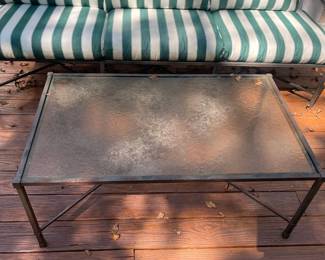 G10 - $400. Brown Jordan Couch & Coffee Table. Couch measures 80"long  x 31" deep x 32" tall. Floor to seat with cushions is 18". Coffee Table is 42.5" x 25.5" x 17" tall. Because it has been stored outside they are starting to have MINOR rusting / flaking. Solid brand so a little TLC will keep these going for years! Cushions have been stored indoors and are in excellent condition!