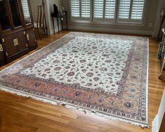 L55 - $400.  "Karachi Keshan" Wool Area Rug from Pakistan. Does have sun fading around the edges - not under the table but all edges. Measures 9'2" x 12'7". Purchased for $5300. 
