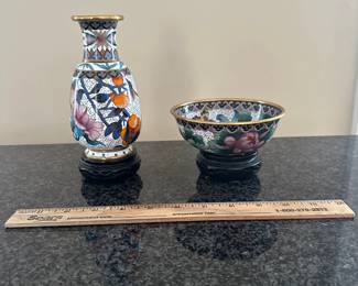  L10 - $25 Pair. Decorative Cloisonne Enamel Over Brass Vase and Bowl.