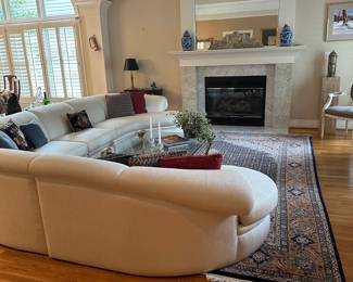 L1- $2,750. Thayer Coggin Brand, Made in NC.  Off White "Curl" Couch. Measures 12'x13' assembled. Moves in 5 Pieces. Has 1 minor stain noted that we did not try to clean - only notice if you're really looking! No pets or children in the home - extremely clean! 