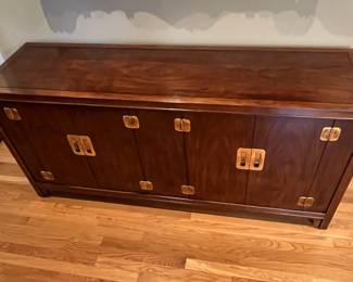 L14 - $500. Drexel Heritage Dynasty Collection Burled Walnut Buffet. Measures 68" x 19" x 32.25" tall. Left side opens to single adjustable shelf. Right side has 2 drawers on the top, 1 for flatware, and storage on the bottom. Overall excellent condition!