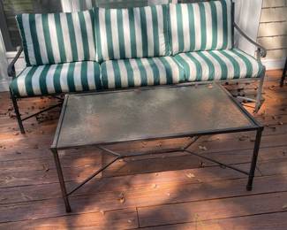 G10 - $400. Brown Jordan Couch & Coffee Table. Couch measures 80"long  x 31" deep x 32" tall. Floor to seat with cushions is 18". Coffee Table is 42.5" x 25.5" x 17" tall. Because it has been stored outside they are starting to have MINOR rusting / flaking. Solid brand so a little TLC will keep these going for years! Cushions have been stored indoors and are in excellent condition!