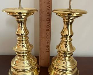 L27 - $40. Pair of Heavy Baldwin, Brass, Pillar Candleholders. Measures 7.25" tall. Excellent condition!