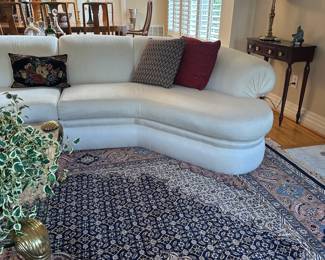 L1- $2,750. Thayer Coggin Brand, Made in NC.  Off White "Curl" Couch. Measures 12'x13' assembled. Moves in 5 Pieces. Has 1 minor stain noted that we did not try to clean - only notice if you're really looking! No pets or children in the home - extremely clean! 