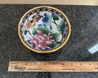  L10 - $25 Pair. Decorative Cloisonne Enamel Over Brass Vase and Bowl.