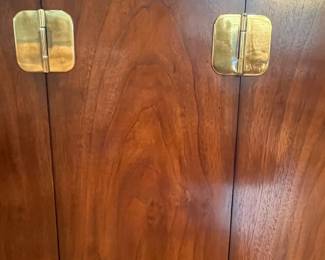 L14 - $500. Drexel Heritage Dynasty Collection Burled Walnut Buffet. Measures 68" x 19" x 32.25" tall. Left side opens to single adjustable shelf. Right side has 2 drawers on the top, 1 for flatware, and storage on the bottom. Overall excellent condition!