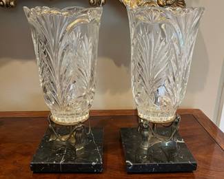 L35 - $60. Pair of Vintage Crystal, Brass and Marble Hurricane Table Lamps. Measures 5.5" square x 12" tall. 