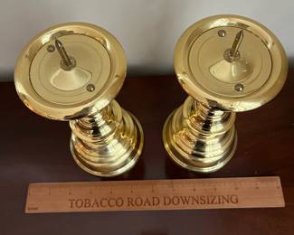 L27 - $40. Pair of Heavy Baldwin, Brass, Pillar Candleholders. Measures 7.25" tall. Excellent condition!