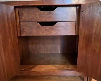 L14 - $500. Drexel Heritage Dynasty Collection Burled Walnut Buffet. Measures 68" x 19" x 32.25" tall. Left side opens to single adjustable shelf. Right side has 2 drawers on the top, 1 for flatware, and storage on the bottom. Overall excellent condition!