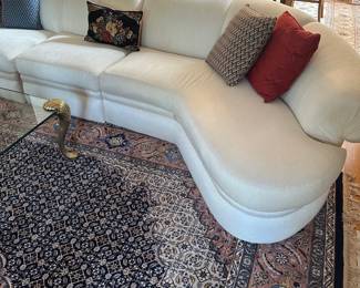 L1- $2,750. Thayer Coggin Brand, Made in NC.  Off White "Curl" Couch. Measures 12'x13' assembled. Moves in 5 Pieces. Has 1 minor stain noted that we did not try to clean - only notice if you're really looking! No pets or children in the home - extremely clean! 
