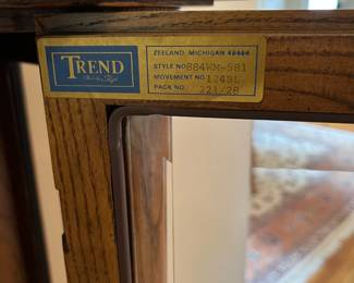 L37 - $200. 1982 Trend Grandfather Clock. Style # 884WM-581. Measures 21.25" x 12 x 80.5" tall. Has clock key - we messed around with it very briefly and couldn't get it running. 