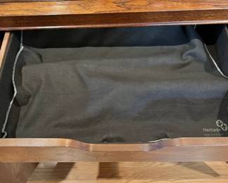 L14 - $500. Drexel Heritage Dynasty Collection Burled Walnut Buffet. Measures 68" x 19" x 32.25" tall. Left side opens to single adjustable shelf. Right side has 2 drawers on the top, 1 for flatware, and storage on the bottom. Overall excellent condition!