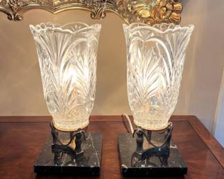 L35 - $60. Pair of Vintage Crystal, Brass and Marble Hurricane Table Lamps. Measures 5.5" square x 12" tall. 