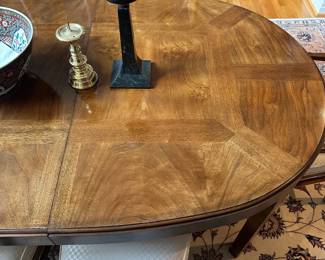 L12 - $600. Drexel Heritage Dynasty Collection Burled Walnut Dining Table With 8 Chairs (2 captains / 6 regular). Table Measures 66" x 45" x 29" tall. Includes 2 Leaves - Each Measures 22". Chairs Measure 22" x 19" x 42" tall. Overall very good condition. Some minor surface scratches and one leg has a piece of veneer missing that you have to really look to find. One captains chair has stained upholstery - might clean out? The others all look great.