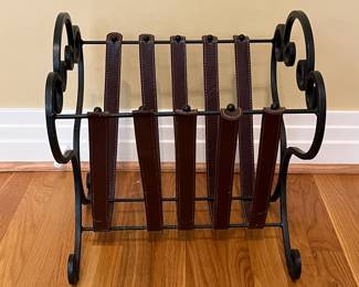 K6 - $25. Wrought Iron and Leather Magazine Holder. Measures 15" x 13" x 16.5" tall. 