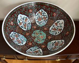 L29 - $40. Large Centerpiece Floral Asian Bowl. Measures 14.25" x 6.5" tall. No issues noted. 