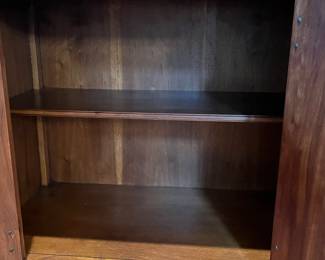 L14 - $500. Drexel Heritage Dynasty Collection Burled Walnut Buffet. Measures 68" x 19" x 32.25" tall. Left side opens to single adjustable shelf. Right side has 2 drawers on the top, 1 for flatware, and storage on the bottom. Overall excellent condition!