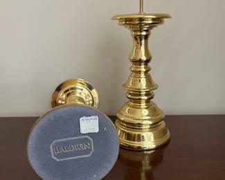 L27 - $40. Pair of Heavy Baldwin, Brass, Pillar Candleholders. Measures 7.25" tall. Excellent condition!