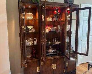 L13 - $250. Drexel Heritage Dynasty Collection China Cabinet in Burled Walnut. Measures 60" x 16" x 79" tall. Moves in ONE piece! Cabinet it lighted and glass shelves are all adjustable. Excellent Condition!