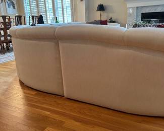 L1- $2,750. Thayer Coggin Brand, Made in NC.  Off White "Curl" Couch. Measures 12'x13' assembled. Moves in 5 Pieces. Has 1 minor stain noted that we did not try to clean - only notice if you're really looking! No pets or children in the home - extremely clean! 