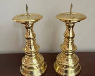 L27 - $40. Pair of Heavy Baldwin, Brass, Pillar Candleholders. Measures 7.25" tall. Excellent condition!