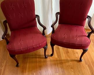 K9 - $175 PAIR of Century Chair Company, Hickory NC, Queen Anne Arm Chairs. Measures 26" x 19.5" x 37" tall. Solid Frames and very comfortable. They have been in front of windows and may have some sun fading but overall very nice chairs!