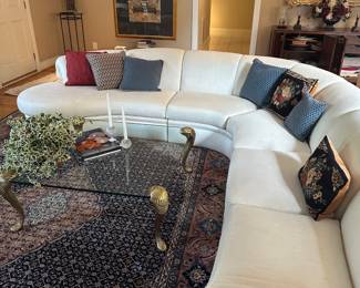 L1- $2,750. Thayer Coggin Brand, Made in NC.  Off White "Curl" Couch. Measures 12'x13' assembled. Moves in 5 Pieces. Has 1 minor stain noted that we did not try to clean - only notice if you're really looking! No pets or children in the home - extremely clean! 