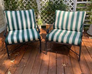 G11 - $150 PAIR of Brown Jordan Oversized Chairs with Cushions. Chairs are 28" wide x 29" deep x 32" tall. Floor to seat is 18" with cushion. They have been stored outside they are starting to have MINOR rusting / flaking. Solid brand so a little TLC will keep these going for years! Cushions have been stored indoors and are in excellent condition!