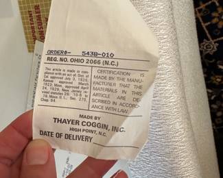 L1- $2,750. Thayer Coggin Brand, Made in NC.  Off White "Curl" Couch. Measures 12'x13' assembled. Moves in 5 Pieces. Has 1 minor stain noted that we did not try to clean - only notice if you're really looking! No pets or children in the home - extremely clean! 