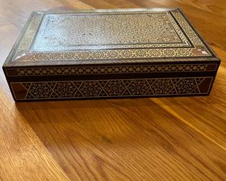 K20 - $25. Large Moroccan Moorish Inlaid Wood Box. Measures 12.25" x 8.5" x 2.5" tall. There are some small pieces of veneer & inlay missing. 