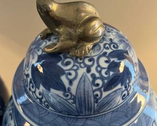 L19 - $120 PAIR. Maitland Smith Blue and White Porcelain Ginger Jars with Frog Knobs. Measures 8" x 14" tall. 