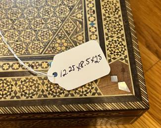 K20 - $25. Large Moroccan Moorish Inlaid Wood Box. Measures 12.25" x 8.5" x 2.5" tall. There are some small pieces of veneer & inlay missing. 