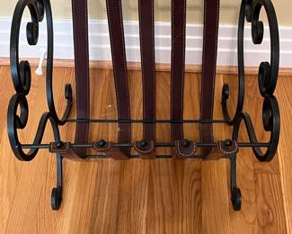 K6 - $25. Wrought Iron and Leather Magazine Holder. Measures 15" x 13" x 16.5" tall. 
