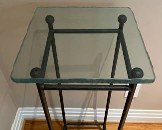 L18 - $80. Contemporary Modern Glass and Iron Pedestal / Display Stand. Measures 14" square x 36.25" tall. Very sturdy!