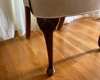 K8 - $85. Century Chair Company, Hickory NC, Queen Anne Arm Chair. Measures 26" wide x 19.5" deep x 37" tall. Solid wood frame is in very good condition, minor scuffs on the feet. One small black spot on the top edge of upholstery - see photo. 