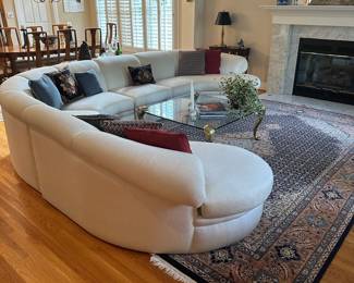 L1- $2,750. Thayer Coggin Brand, Made in NC.  Off White "Curl" Couch. Measures 12'x13' assembled. Moves in 5 Pieces. Has 1 minor stain noted that we did not try to clean - only notice if you're really looking! No pets or children in the home - extremely clean! 