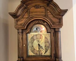 L37 - $200. 1982 Trend Grandfather Clock. Style # 884WM-581. Measures 21.25" x 12 x 80.5" tall. Has clock key - we messed around with it very briefly and couldn't get it running. 