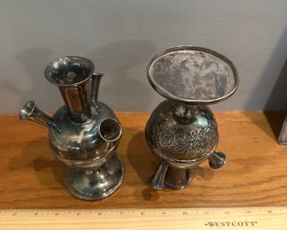 M1 - $75 PAIR. Silver-plated Epergne Victorian Vases. Measures 4" wide x 6.5" tall. 