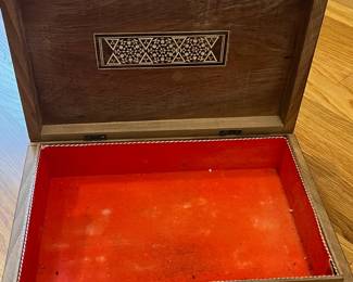 K20 - $25. Large Moroccan Moorish Inlaid Wood Box. Measures 12.25" x 8.5" x 2.5" tall. There are some small pieces of veneer & inlay missing. 
