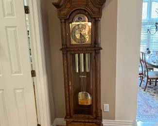 L37 - $200. 1982 Trend Grandfather Clock. Style # 884WM-581. Measures 21.25" x 12 x 80.5" tall. Has clock key - we messed around with it very briefly and couldn't get it running. 