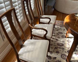 L12 - $600. Drexel Heritage Dynasty Collection Burled Walnut Dining Table With 8 Chairs (2 captains / 6 regular). Table Measures 66" x 45" x 29" tall. Includes 2 Leaves - Each Measures 22". Chairs Measure 22" x 19" x 42" tall. Overall very good condition. Some minor surface scratches and one leg has a piece of veneer missing that you have to really look to find. One captains chair has stained upholstery - might clean out? The others all look great.