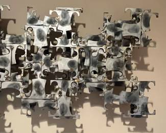 L45 - $750. Marc Weinstein 3D Brutalist Metal Sculpture. Has Original Sticker. It can be hung horizontally or vertically. Measures 47" x 16".