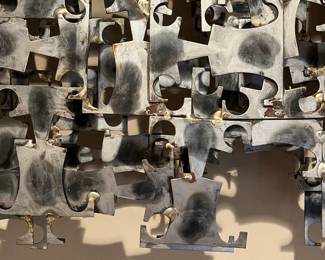 L45 - $750. Marc Weinstein 3D Brutalist Metal Sculpture. Has Original Sticker. It can be hung horizontally or vertically. Measures 47" x 16".