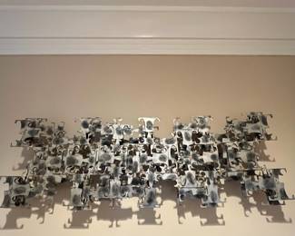 L45 - $750. Marc Weinstein 3D Brutalist Metal Sculpture. Has Original Sticker. It can be hung horizontally or vertically. Measures 47" x 16".