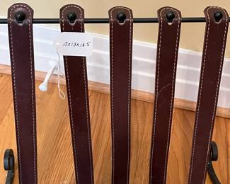 K6 - $25. Wrought Iron and Leather Magazine Holder. Measures 15" x 13" x 16.5" tall. 