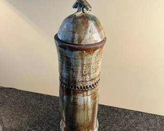 L21 - $40. Unsigned Lidded Pottery. Measures 5.5" x 16.5" tall. 