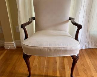 K8 - $85. Century Chair Company, Hickory NC, Queen Anne Arm Chair. Measures 26" wide x 19.5" deep x 37" tall. Solid wood frame is in very good condition, minor scuffs on the feet. One small black spot on the top edge of upholstery - see photo. 