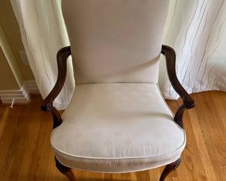 K8 - $85. Century Chair Company, Hickory NC, Queen Anne Arm Chair. Measures 26" wide x 19.5" deep x 37" tall. Solid wood frame is in very good condition, minor scuffs on the feet. One small black spot on the top edge of upholstery - see photo. 