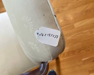 K8 - $85. Century Chair Company, Hickory NC, Queen Anne Arm Chair. Measures 26" wide x 19.5" deep x 37" tall. Solid wood frame is in very good condition, minor scuffs on the feet. One small black spot on the top edge of upholstery - see photo. 