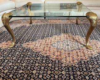 L26 - $650. Brass and Glass Coffee Table. 1970's Hollywood Regency P.E. Guerin Style. Measures 41" square x 17" tall. Excellent condition!